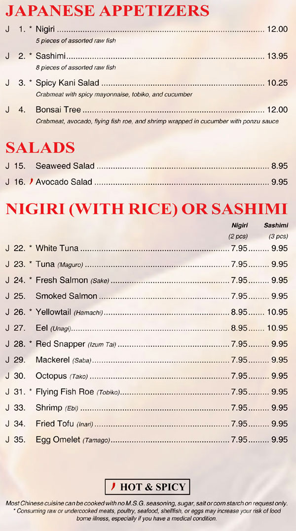 Japanese Menu - Peking Sunrise Restaurant and Lounge