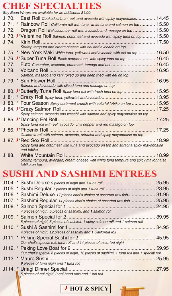 Japanese Menu - Peking Sunrise Restaurant and Lounge