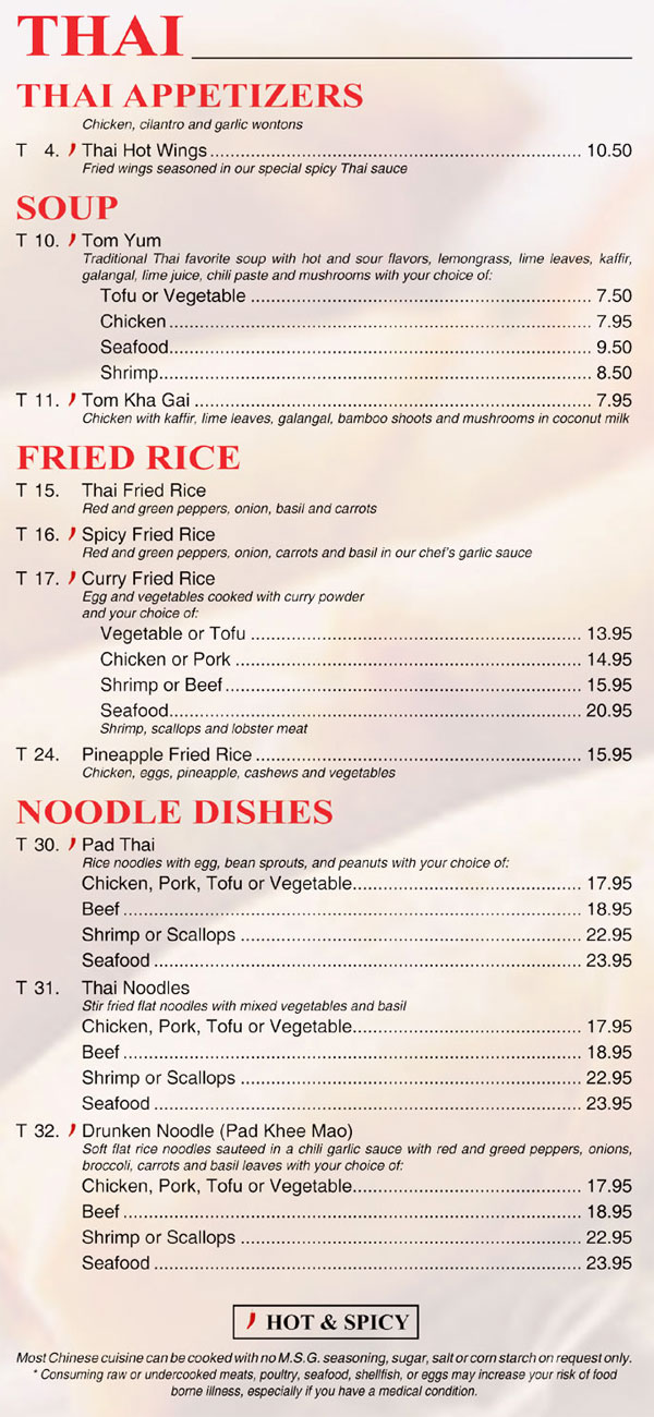 Thai Menu - Peking Sunrise Restaurant and Lounge