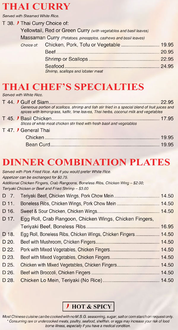 Thai Menu - Peking Sunrise Restaurant and Lounge